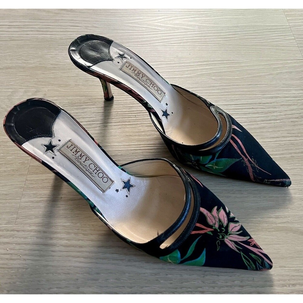 Jimmy Choo Mules Satin Black Floral Pointed Toe Heels Sandals Tropical Sz 38.5